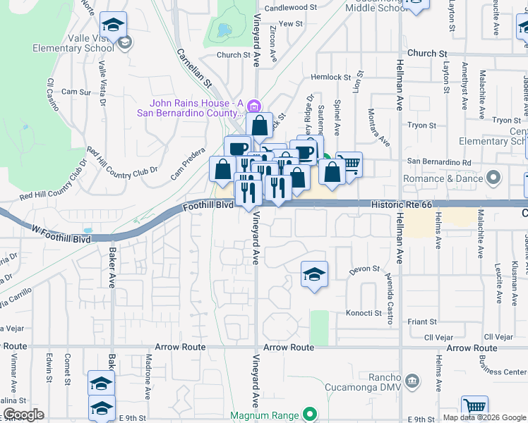 map of restaurants, bars, coffee shops, grocery stores, and more near 8919 Foothill Boulevard in Rancho Cucamonga
