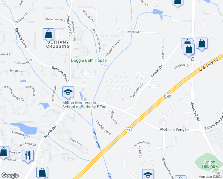 map of restaurants, bars, coffee shops, grocery stores, and more near 1307 Greychurch Drive in Alpharetta