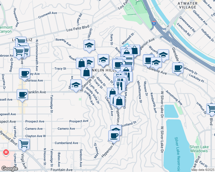 map of restaurants, bars, coffee shops, grocery stores, and more near 3775 Aloha Street in Los Angeles