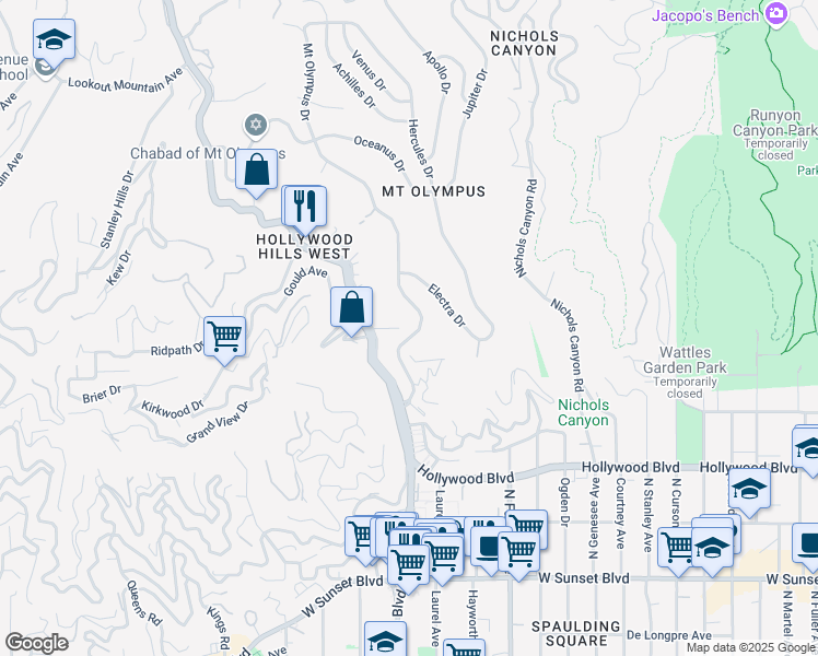 map of restaurants, bars, coffee shops, grocery stores, and more near 1901 Mount Olympus Drive in Los Angeles