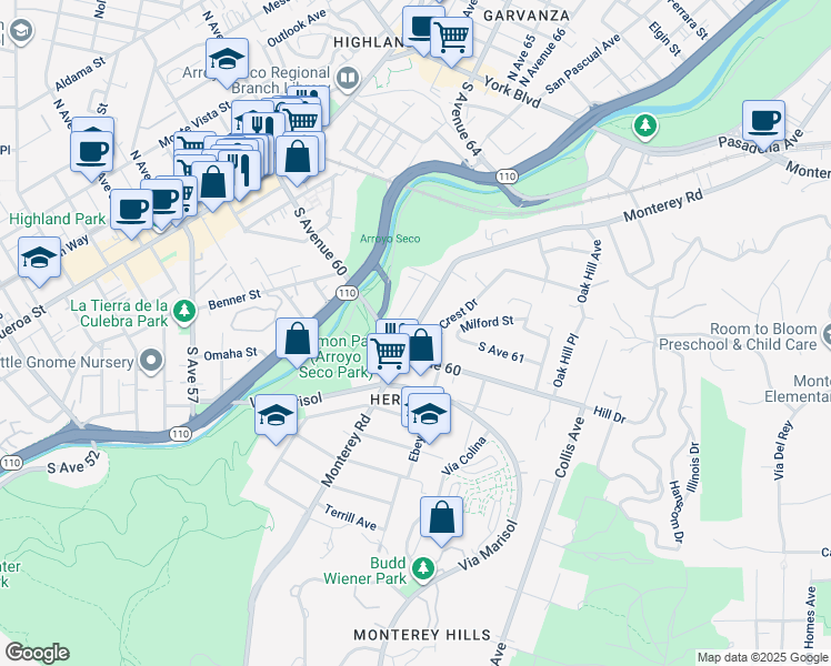 map of restaurants, bars, coffee shops, grocery stores, and more near 6024 Monterey Road in Los Angeles