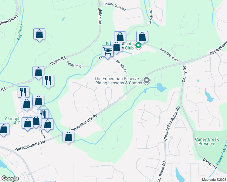 map of restaurants, bars, coffee shops, grocery stores, and more near 445 Walters Circle in Alpharetta