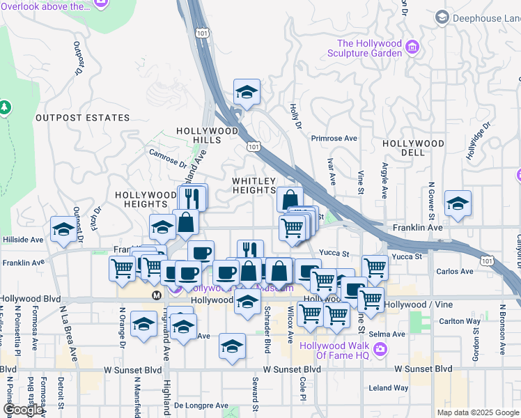 map of restaurants, bars, coffee shops, grocery stores, and more near 1930 Whitley Avenue in Los Angeles