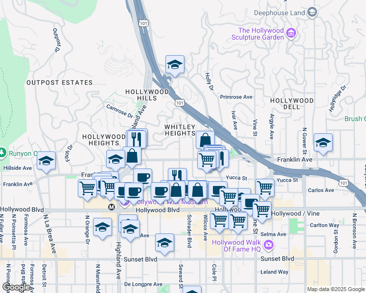 map of restaurants, bars, coffee shops, grocery stores, and more near 1930 Whitley Avenue in Los Angeles