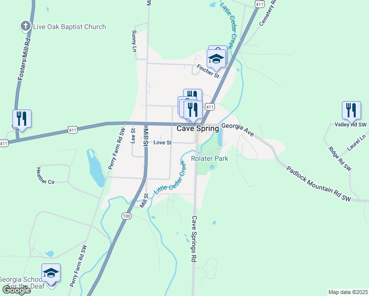 map of restaurants, bars, coffee shops, grocery stores, and more near 11 Fanning Street in Cave Spring