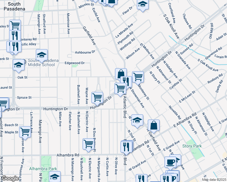 map of restaurants, bars, coffee shops, grocery stores, and more near 1751 La Senda Place in South Pasadena