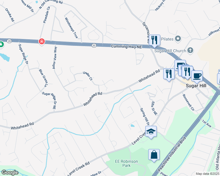 map of restaurants, bars, coffee shops, grocery stores, and more near 935 Whitehead Road in Sugar Hill