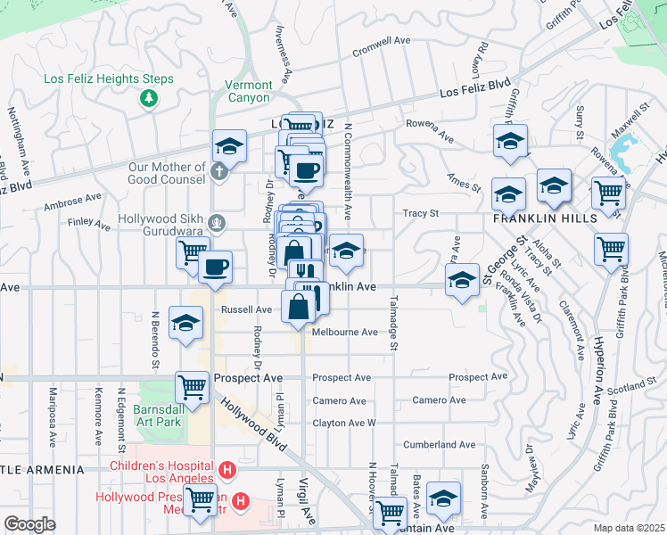 map of restaurants, bars, coffee shops, grocery stores, and more near 1924 Rosalia Road in Los Angeles
