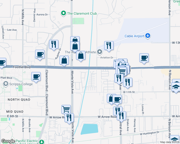 map of restaurants, bars, coffee shops, grocery stores, and more near 2262 Lemon Avenue in Upland