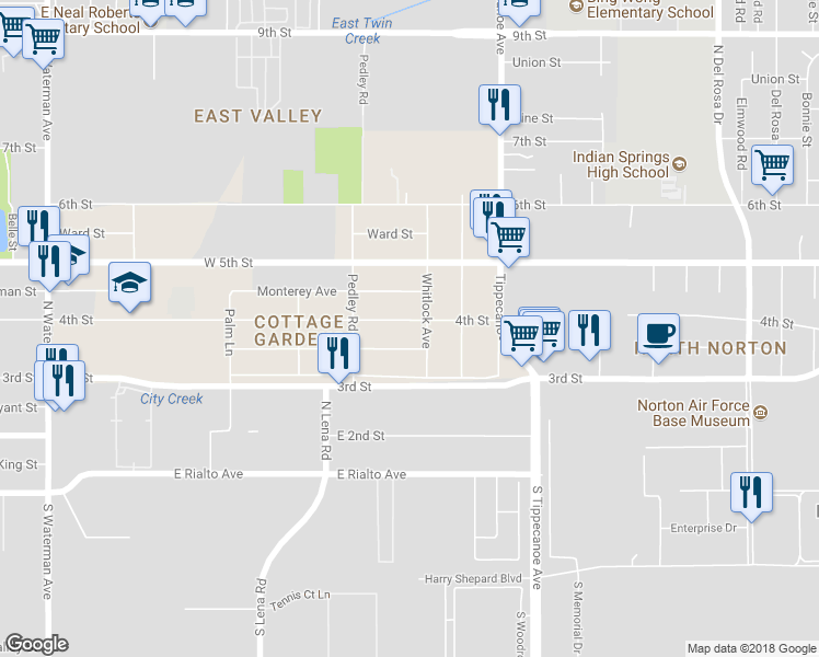map of restaurants, bars, coffee shops, grocery stores, and more near 24795 Court Street in San Bernardino