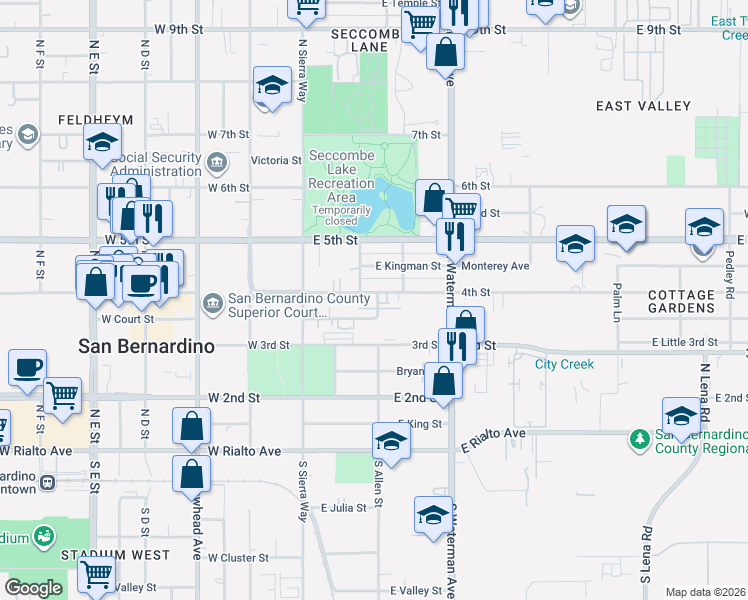 map of restaurants, bars, coffee shops, grocery stores, and more near 203 East Court Street in San Bernardino
