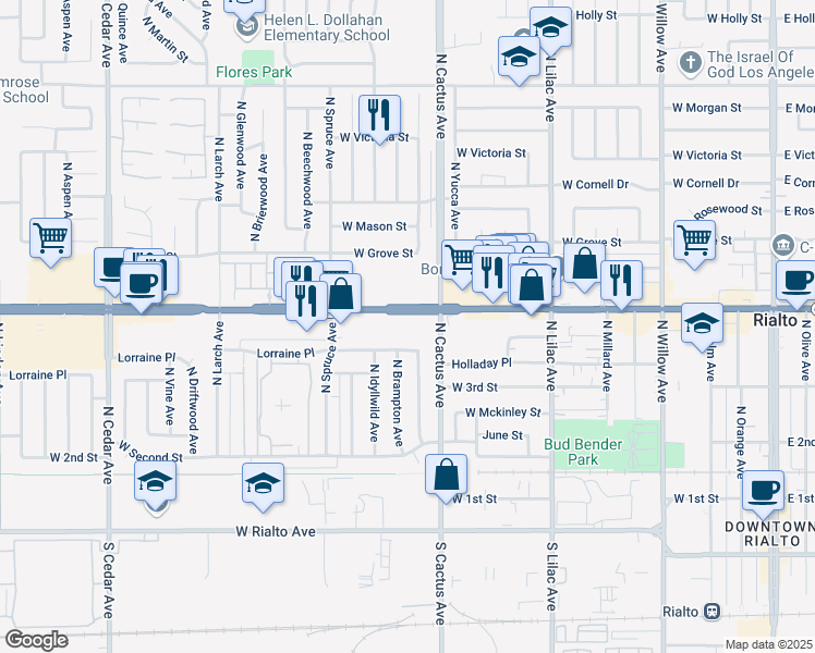 map of restaurants, bars, coffee shops, grocery stores, and more near 794 Lorraine Place in Rialto
