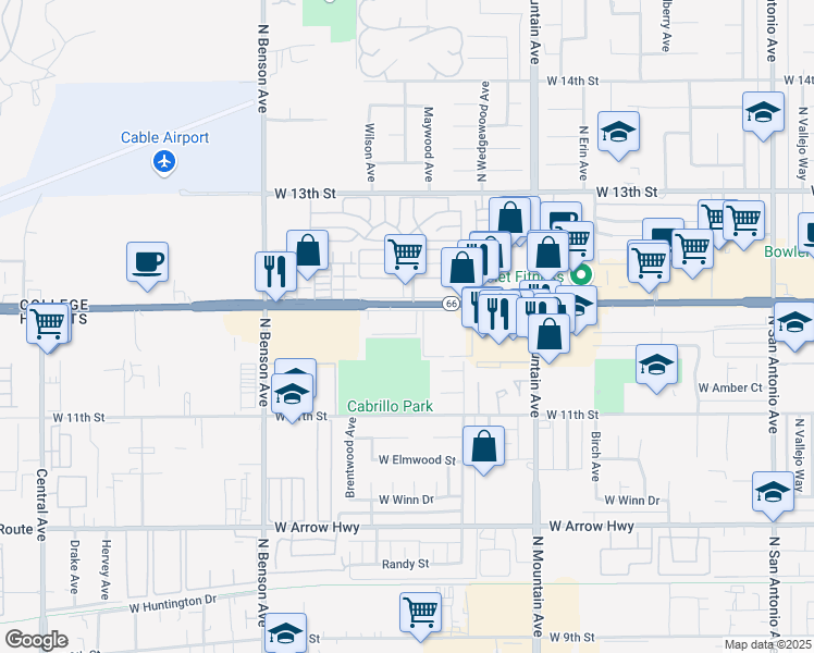 map of restaurants, bars, coffee shops, grocery stores, and more near 897 Silverwood Avenue in Upland