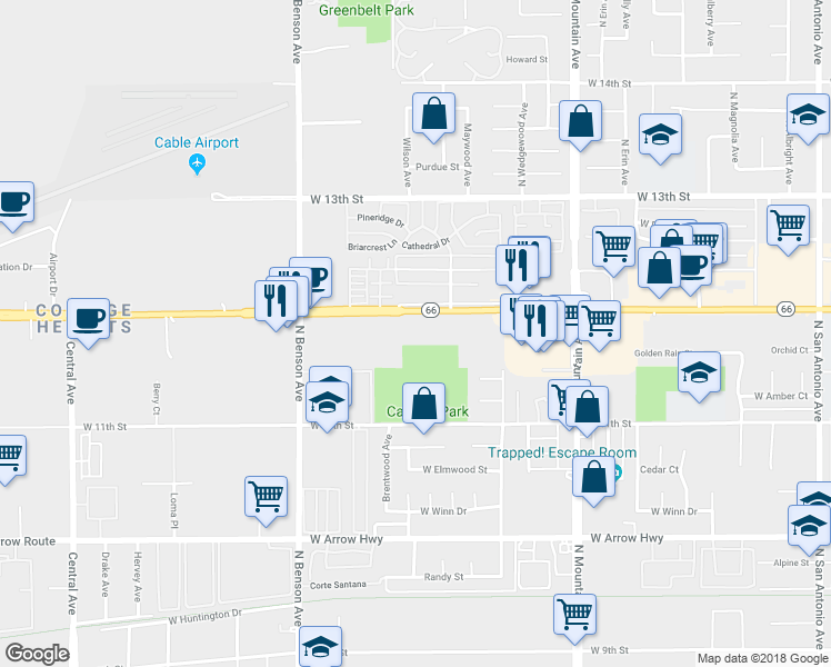 map of restaurants, bars, coffee shops, grocery stores, and more near 1430 West Foothill Boulevard in Upland