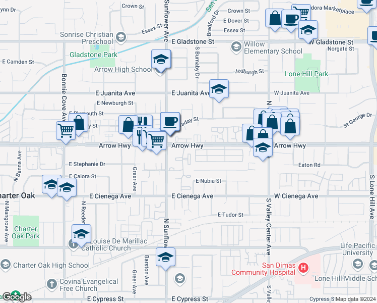 map of restaurants, bars, coffee shops, grocery stores, and more near 21067 East Calora Street in Covina