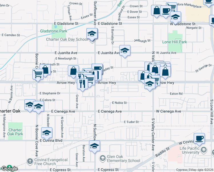 map of restaurants, bars, coffee shops, grocery stores, and more near 21067 East Calora Street in Covina