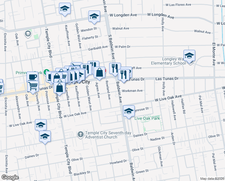 map of restaurants, bars, coffee shops, grocery stores, and more near 5748 Rowland Avenue in Temple City