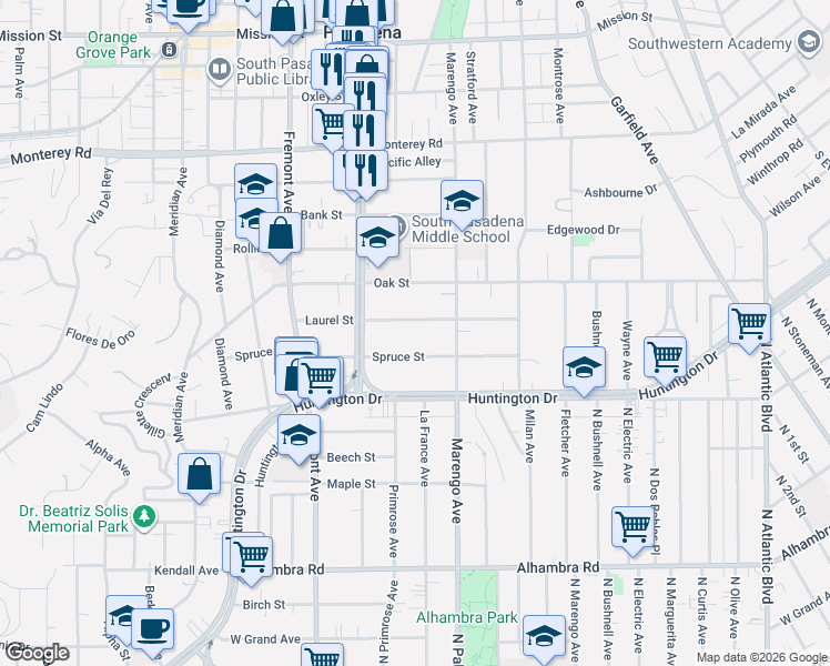 map of restaurants, bars, coffee shops, grocery stores, and more near 1628 Spruce Street in South Pasadena