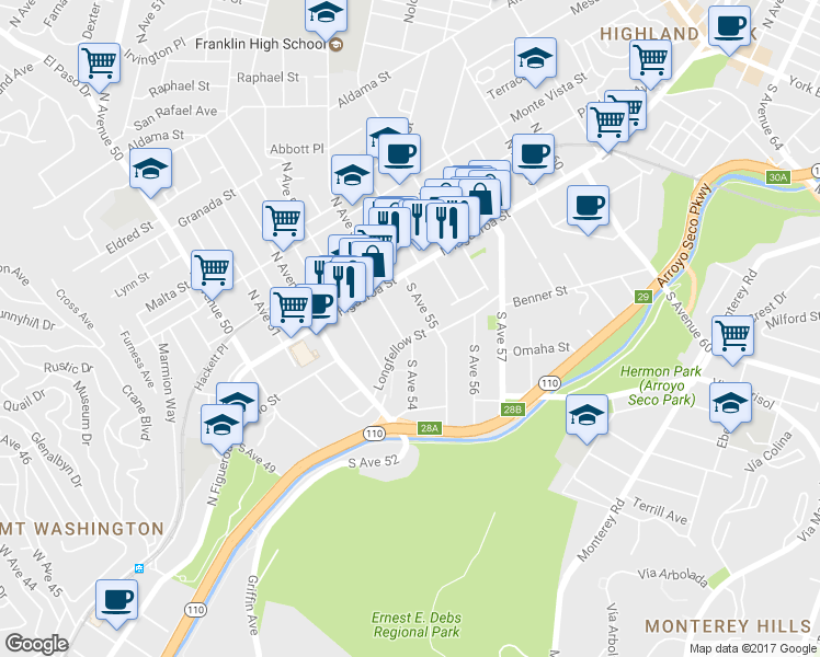 map of restaurants, bars, coffee shops, grocery stores, and more near 211 South Avenue 54 in Los Angeles