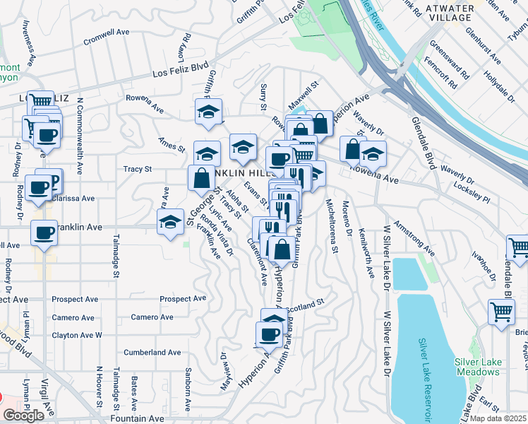 map of restaurants, bars, coffee shops, grocery stores, and more near 2624 Claremont Avenue in Los Angeles