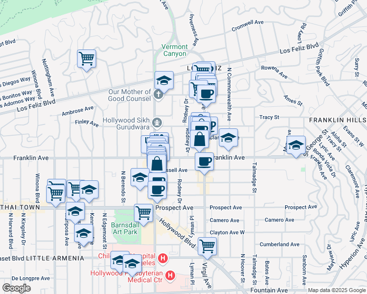 map of restaurants, bars, coffee shops, grocery stores, and more near 1900 Dracena Drive in Los Angeles