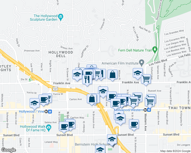 map of restaurants, bars, coffee shops, grocery stores, and more near 5833 Franklin Avenue in Los Angeles