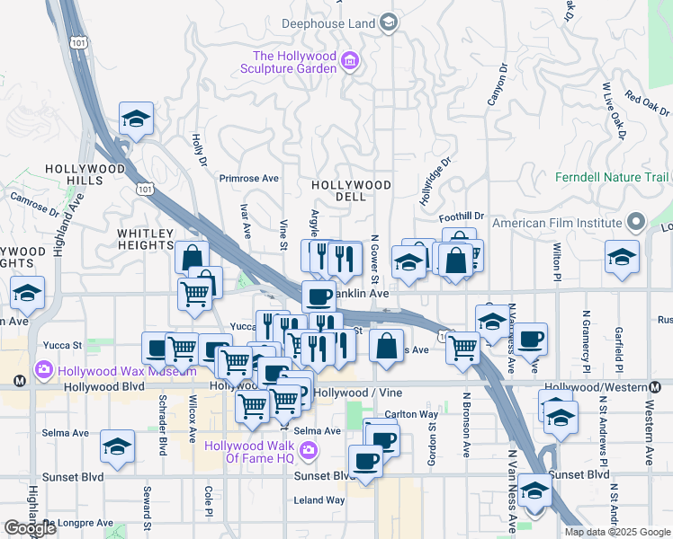 map of restaurants, bars, coffee shops, grocery stores, and more near 6211 Franklin Avenue in Los Angeles