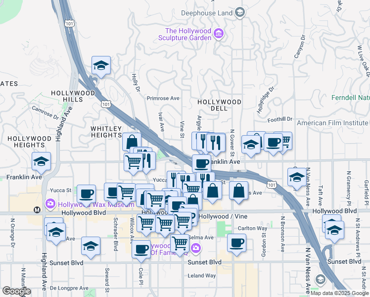 map of restaurants, bars, coffee shops, grocery stores, and more near in Los Angeles