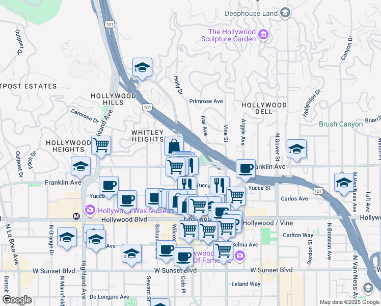 map of restaurants, bars, coffee shops, grocery stores, and more near 1901 Ivar Avenue in Los Angeles