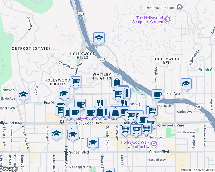 map of restaurants, bars, coffee shops, grocery stores, and more near 1900 Grace Avenue in Los Angeles