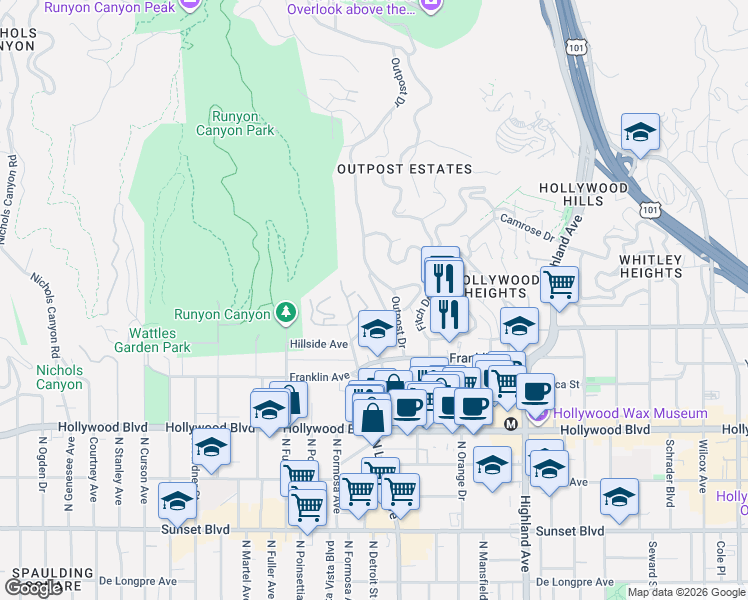 map of restaurants, bars, coffee shops, grocery stores, and more near 7075 Hillside Avenue in Los Angeles