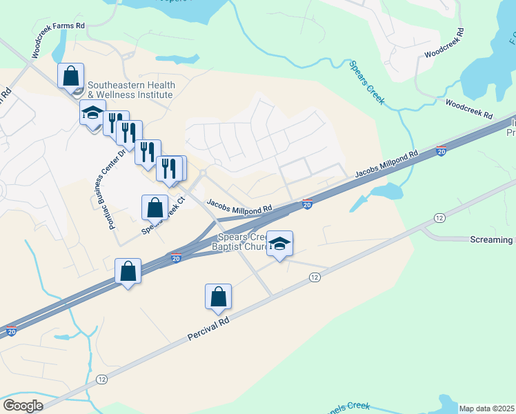 map of restaurants, bars, coffee shops, grocery stores, and more near Interstate 20 in Columbia