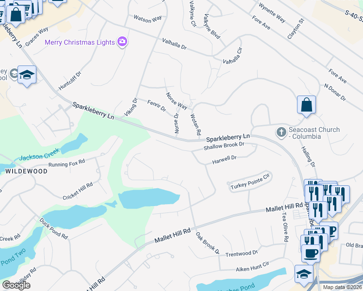 map of restaurants, bars, coffee shops, grocery stores, and more near 401 Shallow Brook Drive in Columbia