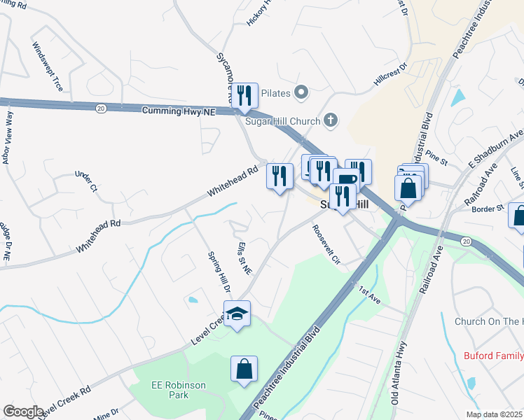 map of restaurants, bars, coffee shops, grocery stores, and more near 5037 Top Cat Court in Sugar Hill