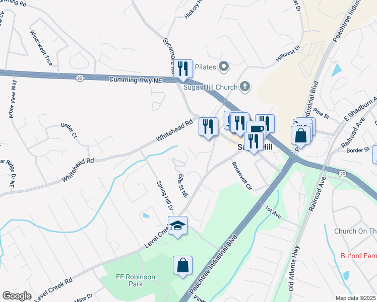 map of restaurants, bars, coffee shops, grocery stores, and more near 5022 Top Cat Court in Sugar Hill