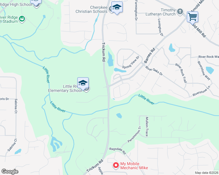 map of restaurants, bars, coffee shops, grocery stores, and more near 3175 Trickum Road in Woodstock