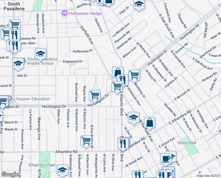 map of restaurants, bars, coffee shops, grocery stores, and more near 2120 Huntington Drive in South Pasadena