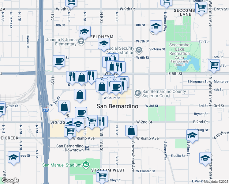 map of restaurants, bars, coffee shops, grocery stores, and more near 401 West 4th Street in San Bernardino