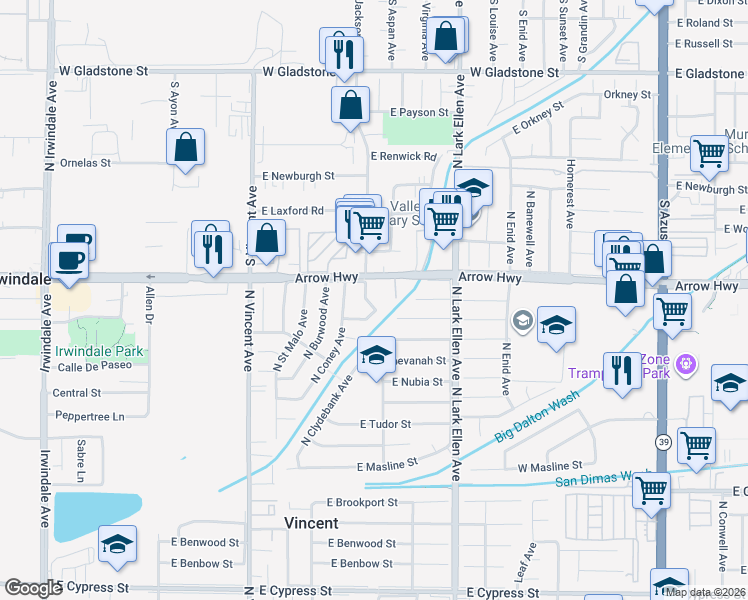 map of restaurants, bars, coffee shops, grocery stores, and more near 5140 North Clydebank Avenue in Covina