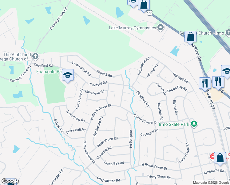 map of restaurants, bars, coffee shops, grocery stores, and more near Minehead Court in Irmo