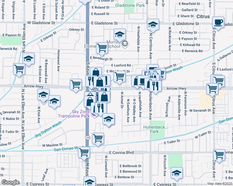 map of restaurants, bars, coffee shops, grocery stores, and more near 1433 North Armel Drive in Covina