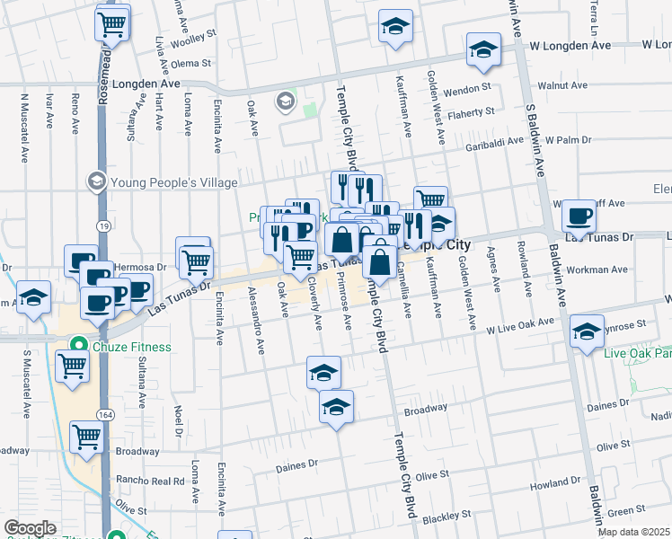 map of restaurants, bars, coffee shops, grocery stores, and more near 5826 Primrose Avenue in Temple City