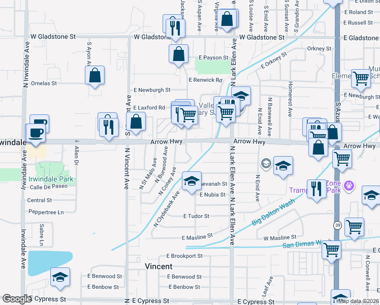 map of restaurants, bars, coffee shops, grocery stores, and more near 5140 North Clydebank Avenue in Covina