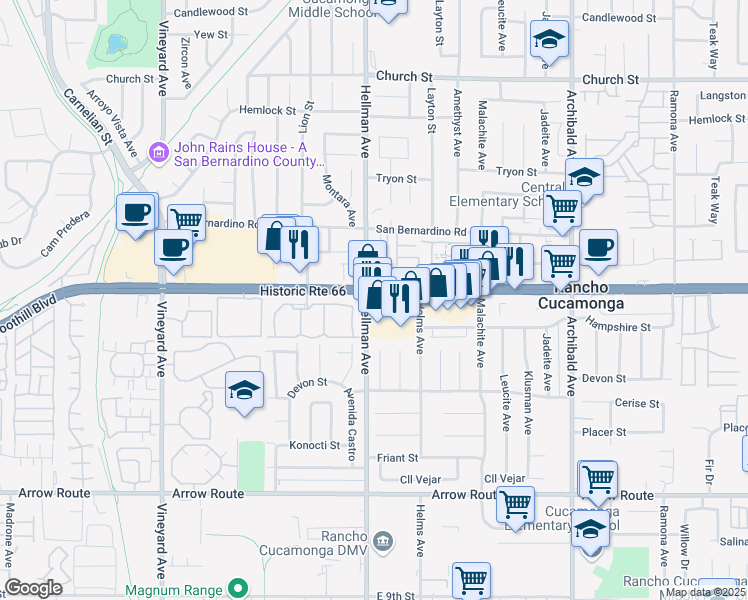 map of restaurants, bars, coffee shops, grocery stores, and more near 9309 East Foothill Boulevard in Rancho Cucamonga