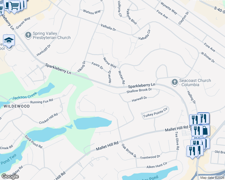 map of restaurants, bars, coffee shops, grocery stores, and more near 401 Shallow Brook Drive in Columbia