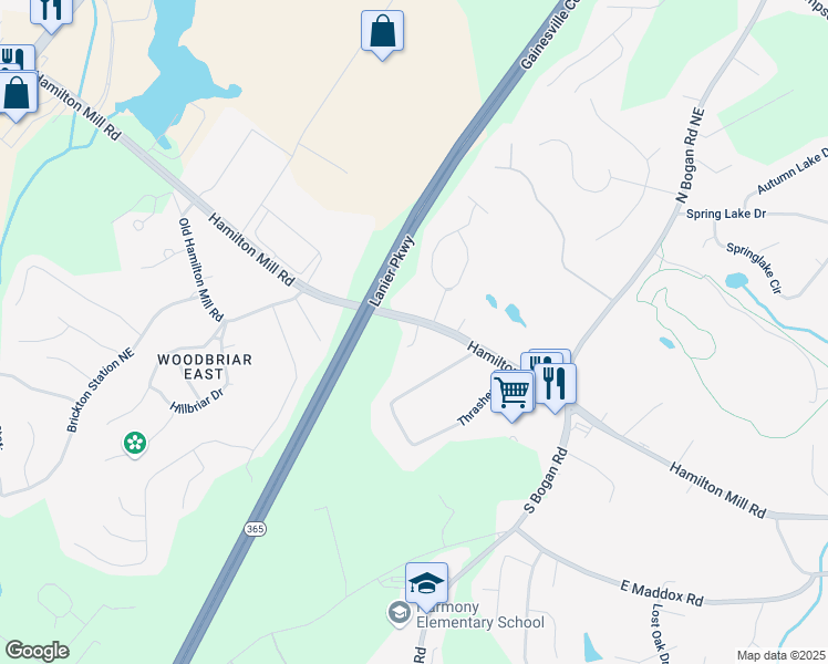 map of restaurants, bars, coffee shops, grocery stores, and more near 4238 Hamilton Mill Road in Buford