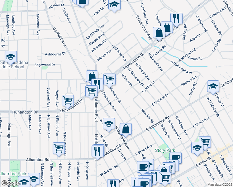 map of restaurants, bars, coffee shops, grocery stores, and more near 1108 North Monterey Street in Alhambra