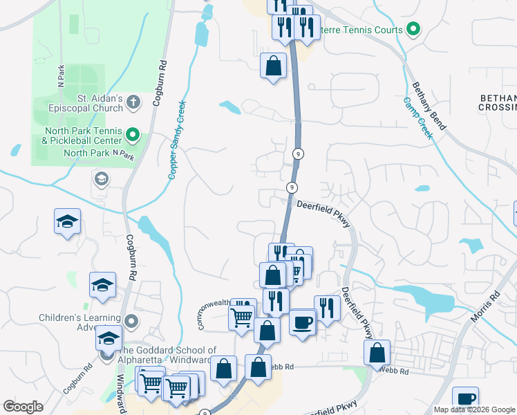 map of restaurants, bars, coffee shops, grocery stores, and more near 13348 Marrywood Court in Alpharetta