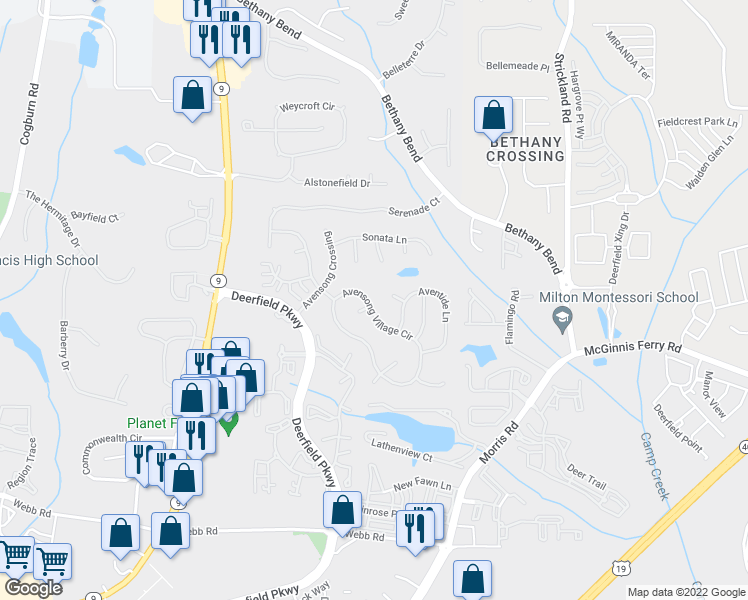 map of restaurants, bars, coffee shops, grocery stores, and more near 3302 Avensong Village Circle in Alpharetta
