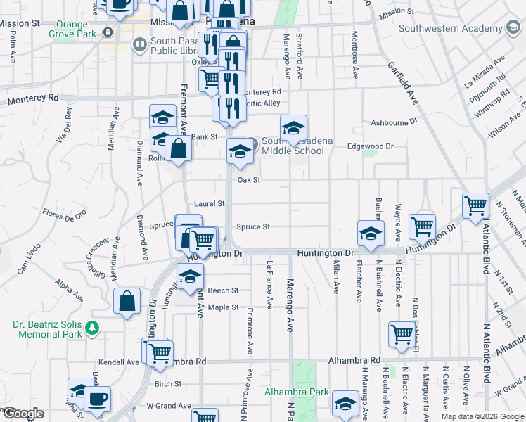 map of restaurants, bars, coffee shops, grocery stores, and more near 1628 Spruce Street in South Pasadena